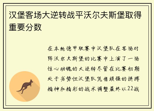 汉堡客场大逆转战平沃尔夫斯堡取得重要分数