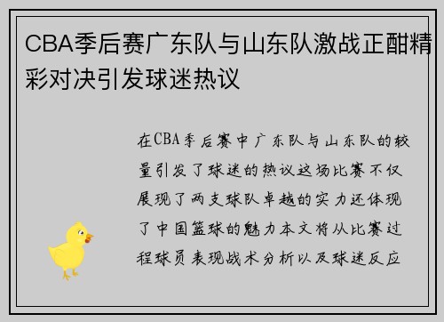 CBA季后赛广东队与山东队激战正酣精彩对决引发球迷热议