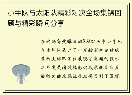 小牛队与太阳队精彩对决全场集锦回顾与精彩瞬间分享