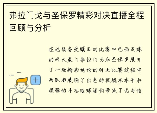弗拉门戈与圣保罗精彩对决直播全程回顾与分析