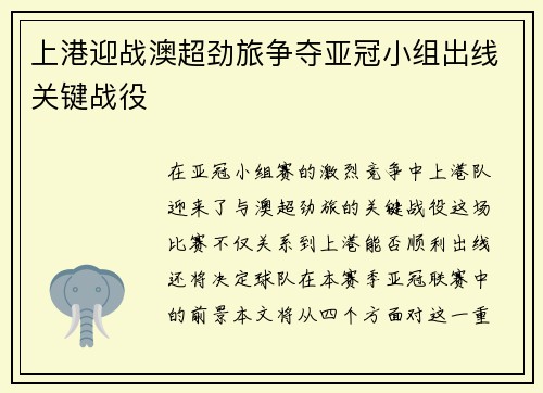 上港迎战澳超劲旅争夺亚冠小组出线关键战役