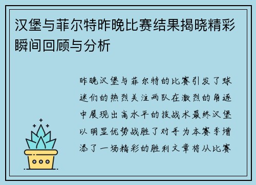 汉堡与菲尔特昨晚比赛结果揭晓精彩瞬间回顾与分析