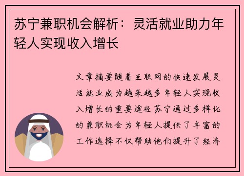 苏宁兼职机会解析：灵活就业助力年轻人实现收入增长