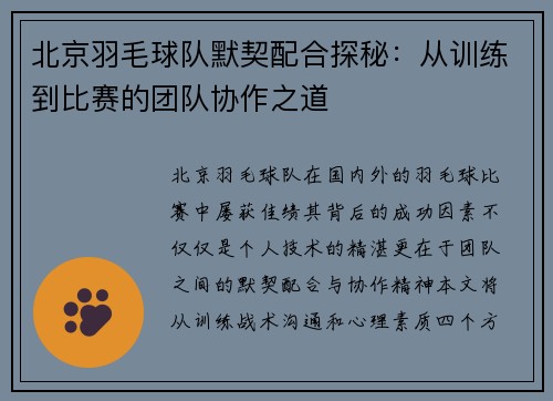 北京羽毛球队默契配合探秘：从训练到比赛的团队协作之道